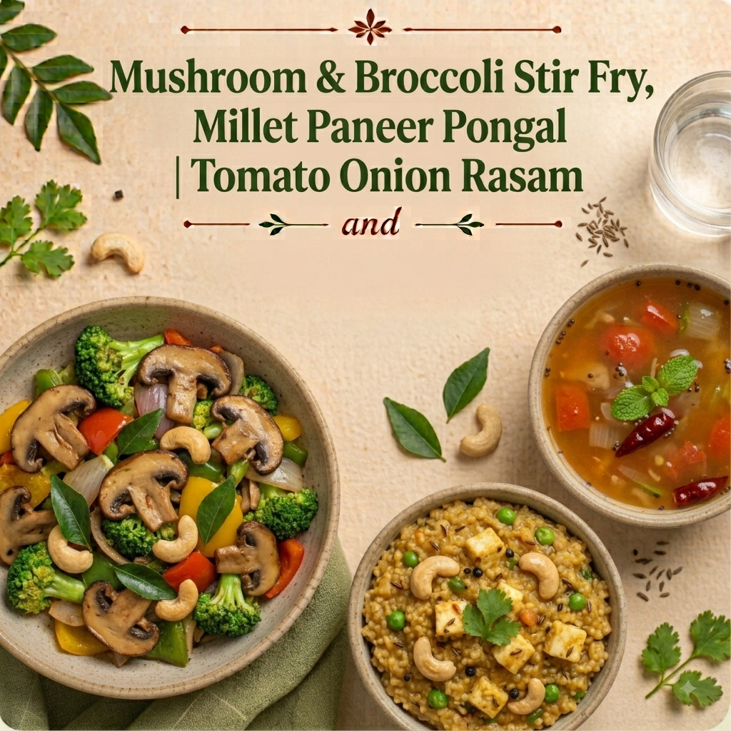Mushroom & Broccoli Stir Fry, Millet paneer pongal, Tomato onion Rasam