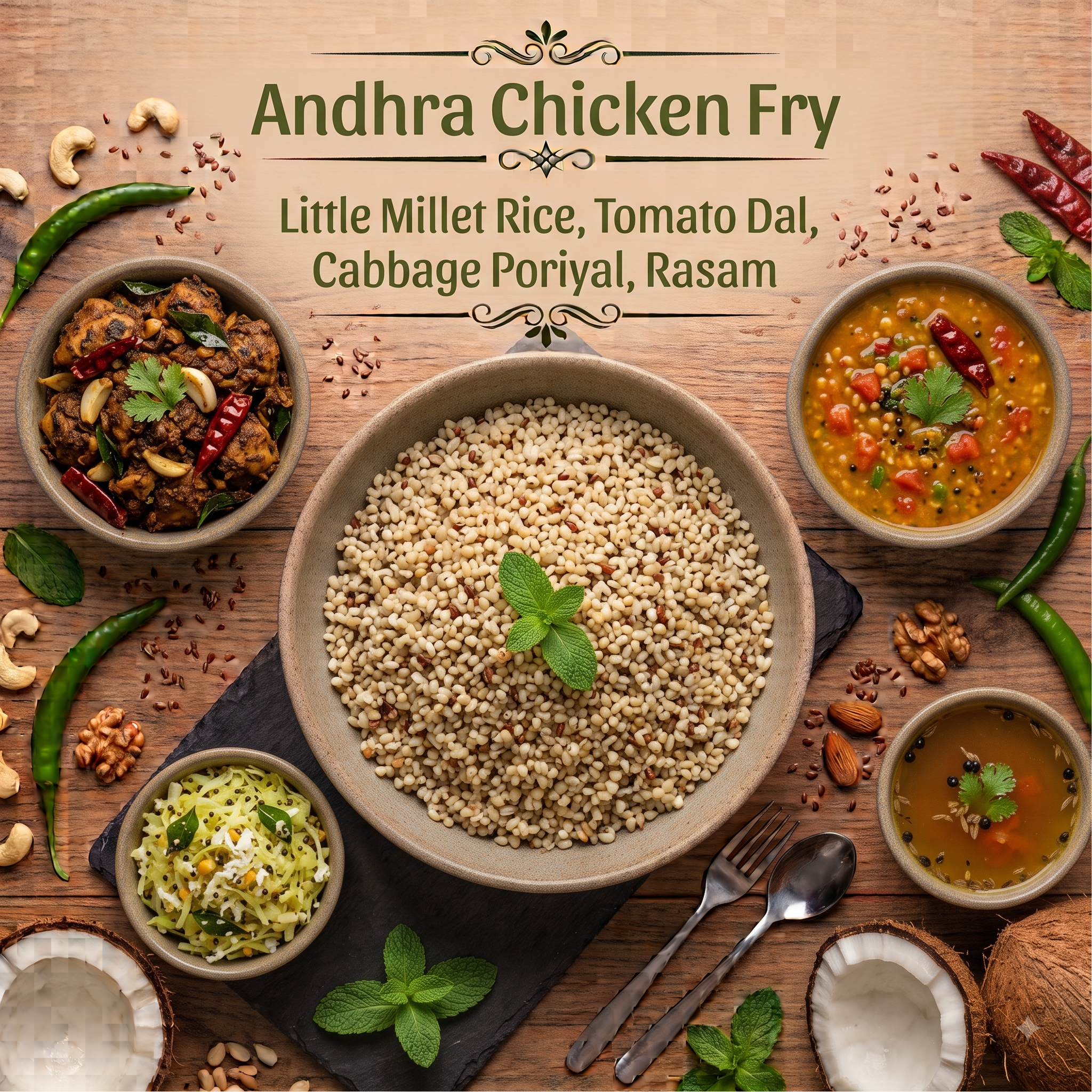 Andhra Chicken Fry, Little Millet Rice, Tomato Dal, Cabbage Poriyal, Rasam