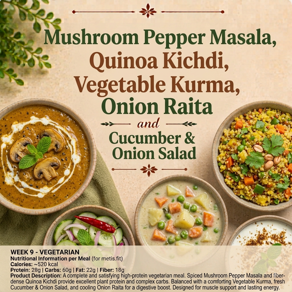 Mushroom Pepper Masala, Quinoa kichdi, Vegetable Kurma, Onion Raita, 5.Cucumber and onion Salad