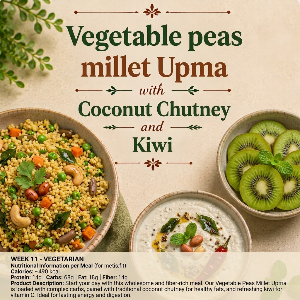 Vegetable peas millet Upma, Coconut Chutney, Kiwi