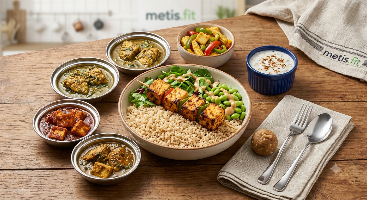 Paneer tikka buddha rice bowl kolhapuri gravy curry or fish gongura curry grams Baby corn & paneer stir fry  Onion raita  Walnut ladoo-1