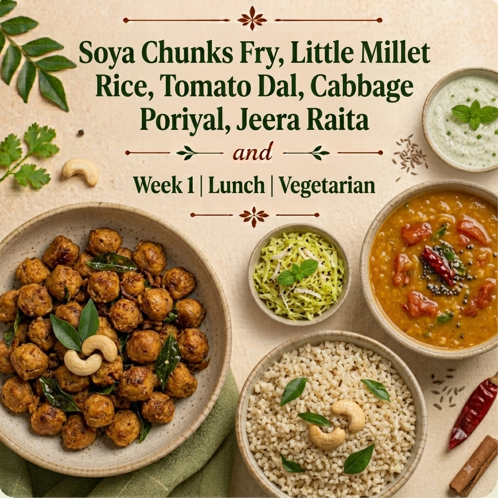 Soya Chunks Fry, Little Millet Rice, Tomato Dal, Cabbage Poriyal, Jeera Raita
