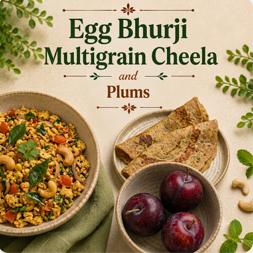Egg Bhurji, Multigrain Cheela, Plums