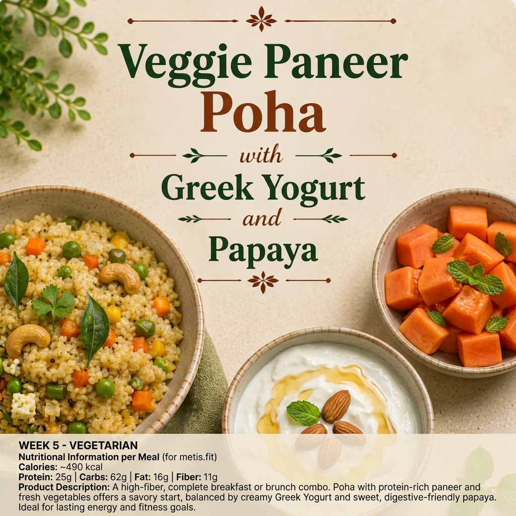 Vegetable paneer Poha, Greek Yogurt, Papaya