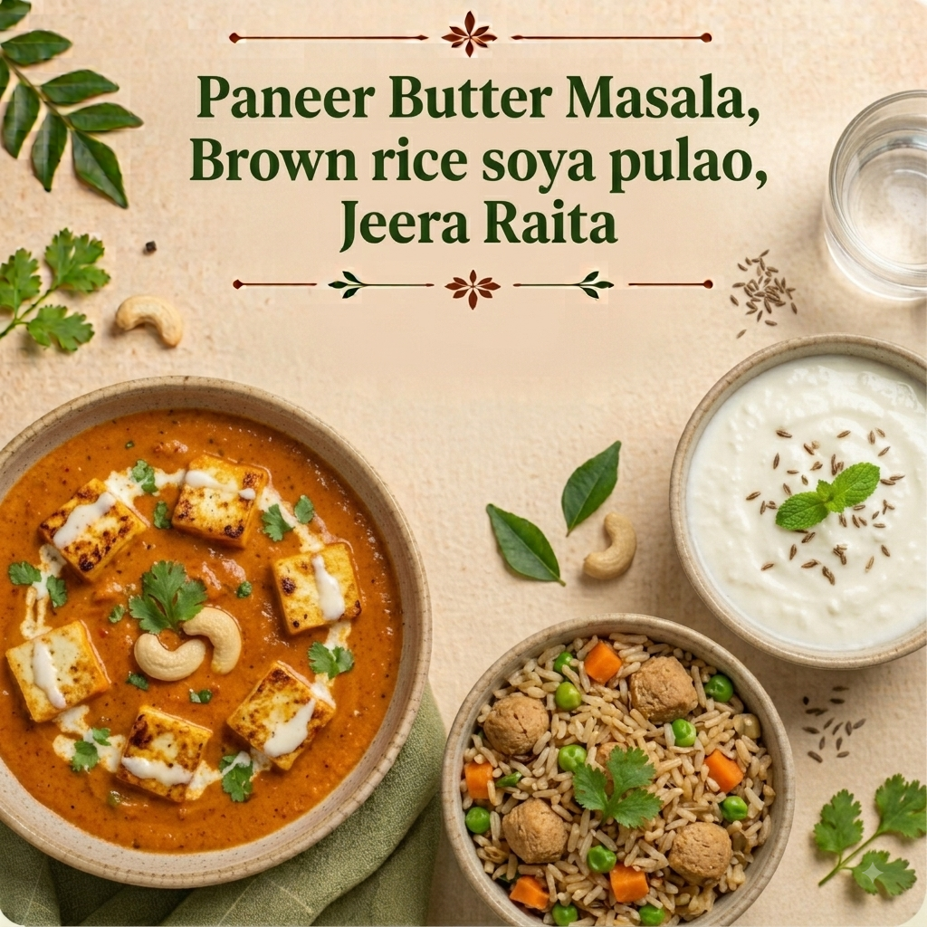 Paneer Butter Masala, Brown rice soya pulao, Jeera Raita