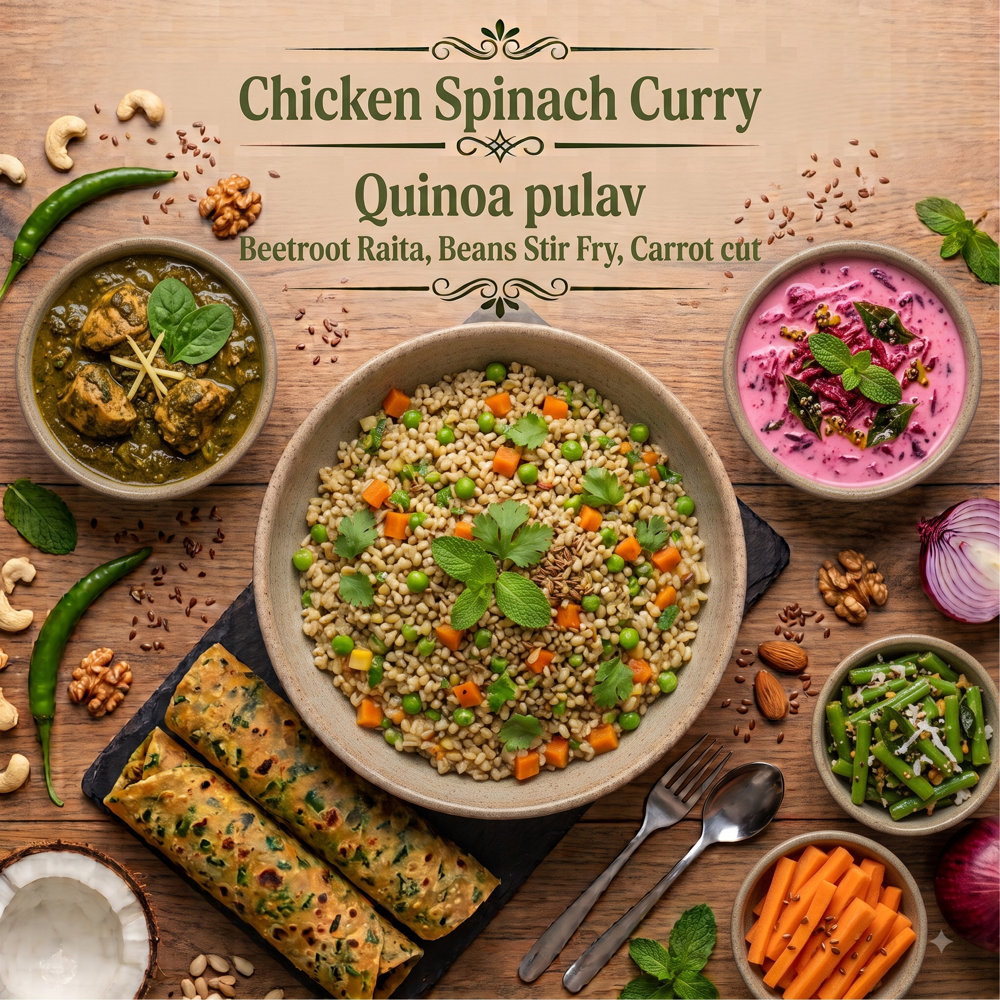 Chicken Spinach Curry, Quinoa pulav, Beetroot Raita, Beans Stir Fry, Carrot cut