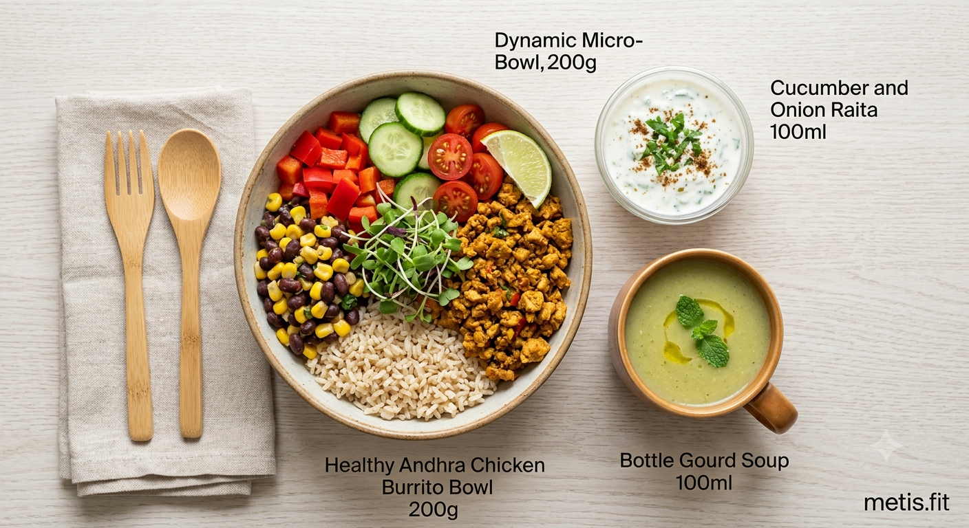 Healthy Andhra chicken burrito bowl grams raita Bottle gourd soup