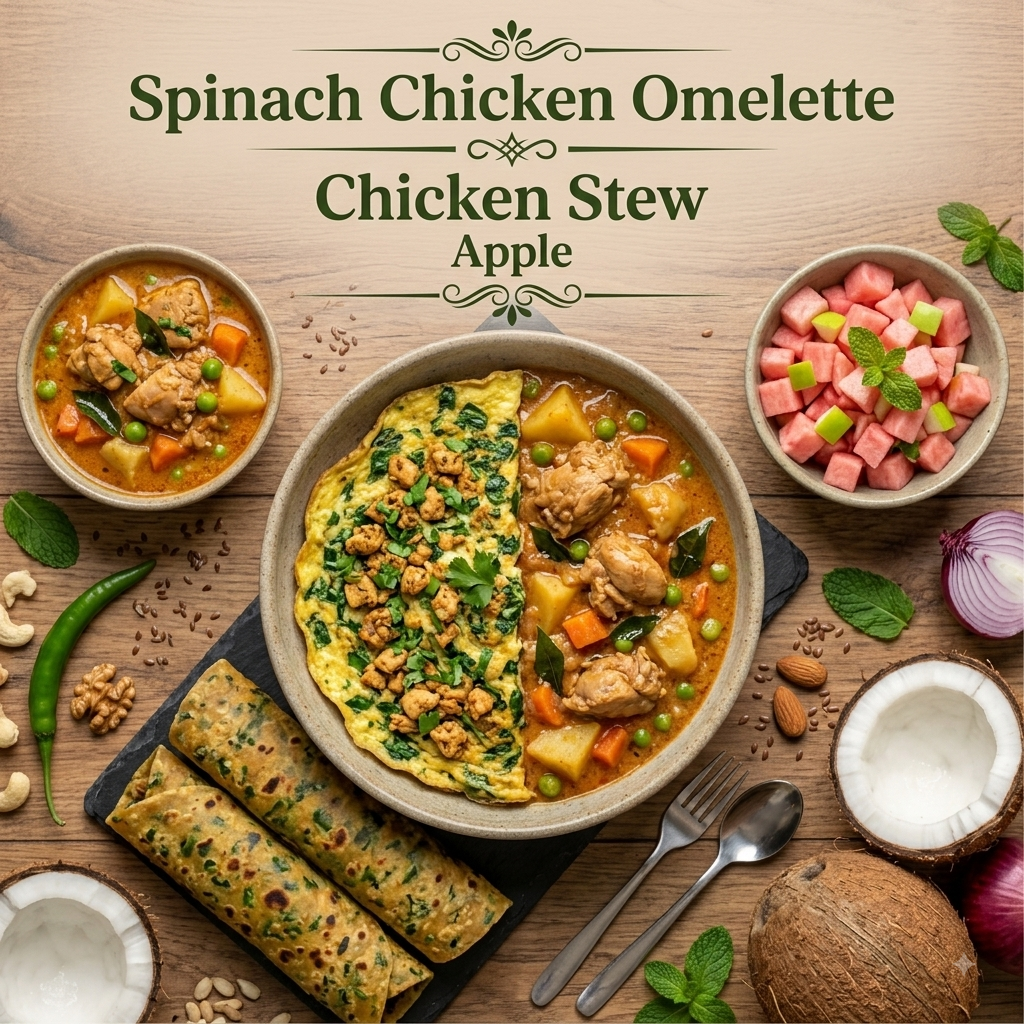 Spinach Chicken Omelette, Chicken stew, Apple