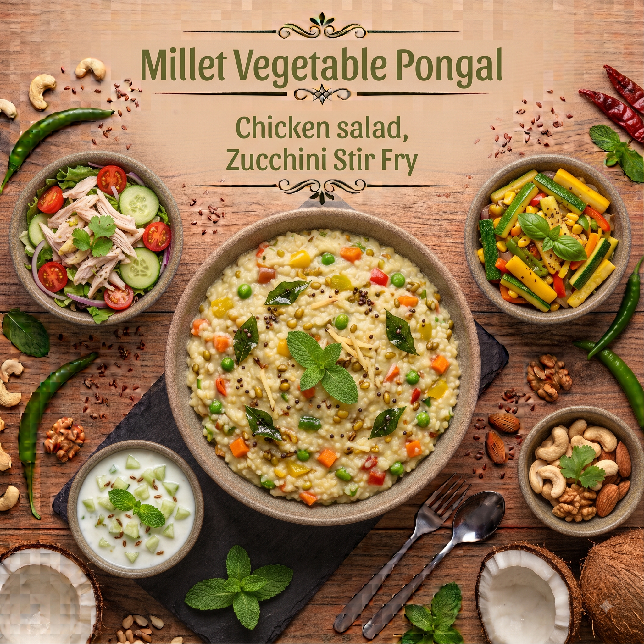 Chicken salad, Zucchini Stir Fry, Millet vegetable pongal