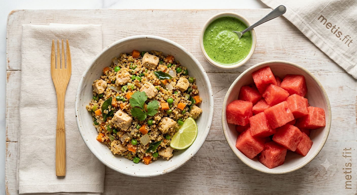 Quinoa chicken upma - chutney - watermelon