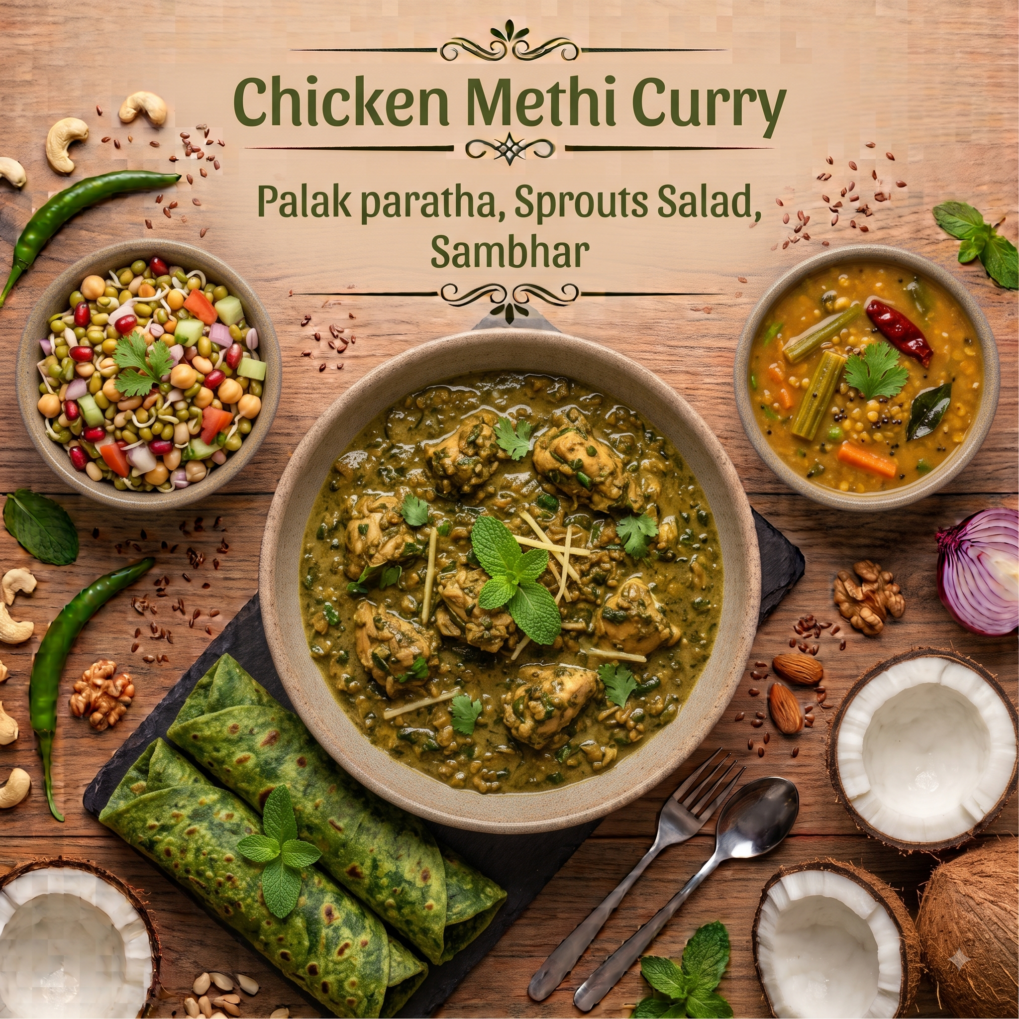 Chicken Methi Curry, Palak paratha, Sprouts Salad, Sambhar