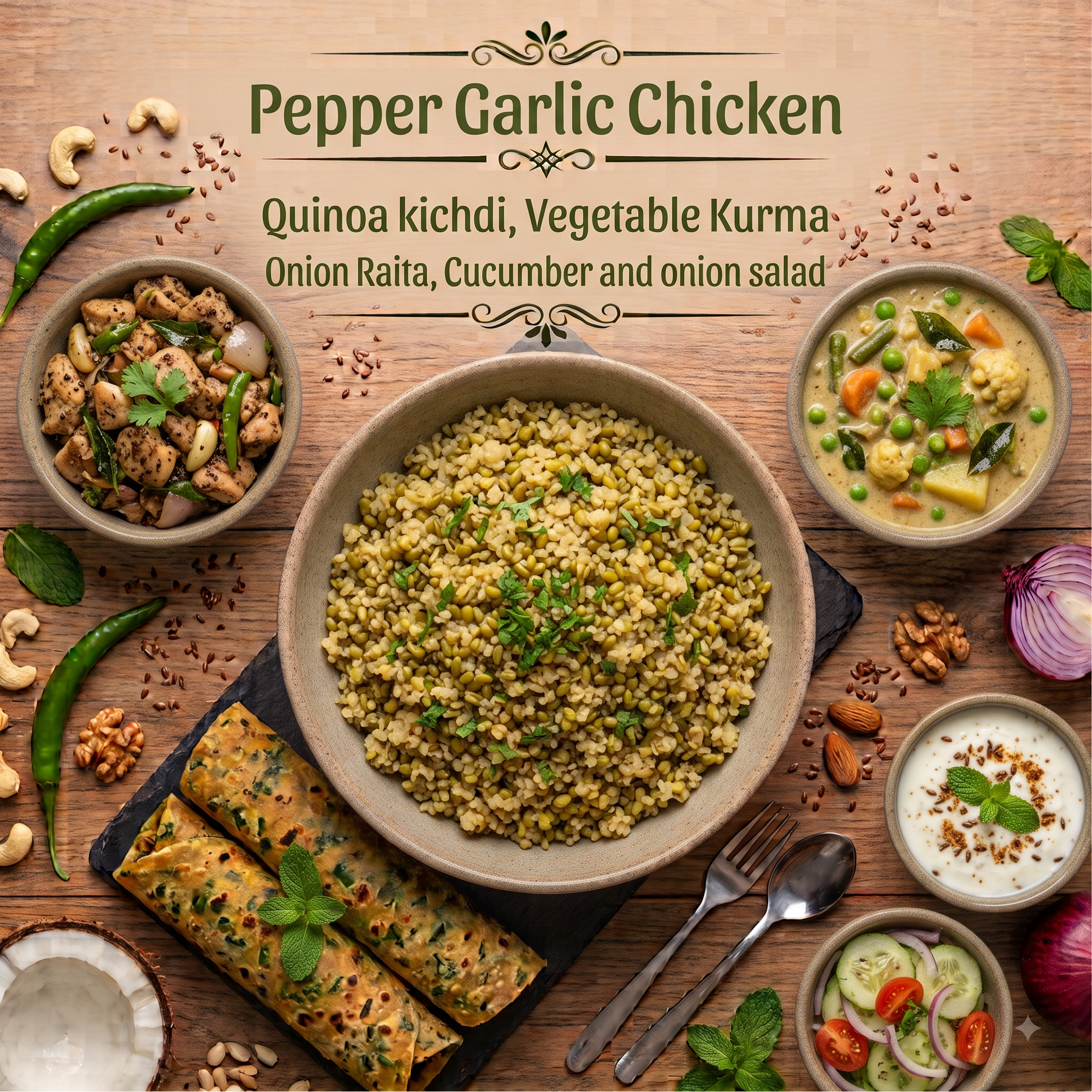 Pepper Garlic Chicken,  Quinoa kichdi, Vegetable Kurma, Onion Raita, Cucumber and onion salad