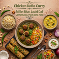 Chicken Kofta Curry, Millet Rice, Lauki Dal, Carrot Salad, Plain jeera raita