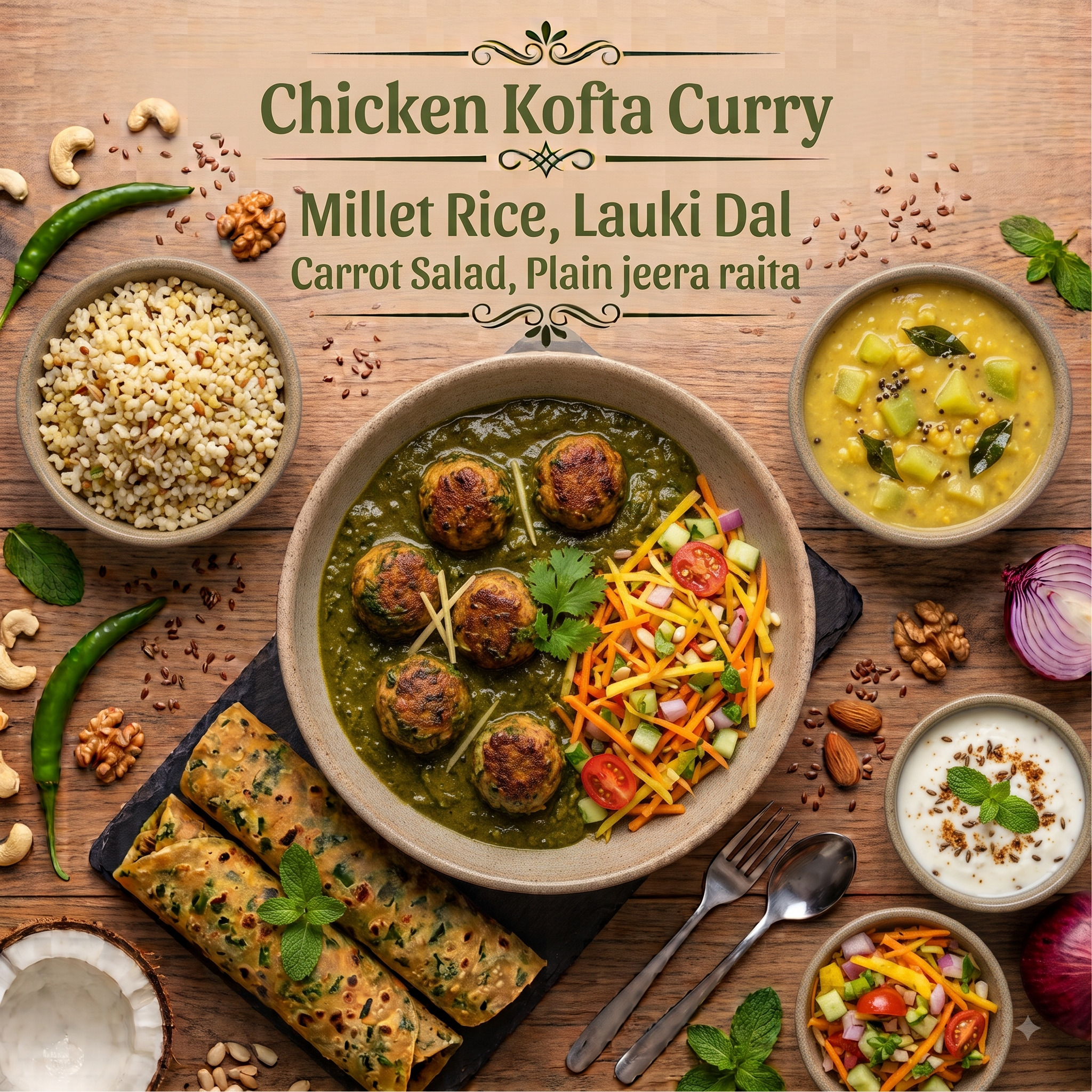 Chicken Kofta Curry, Millet Rice, Lauki Dal, Carrot Salad, Plain jeera raita