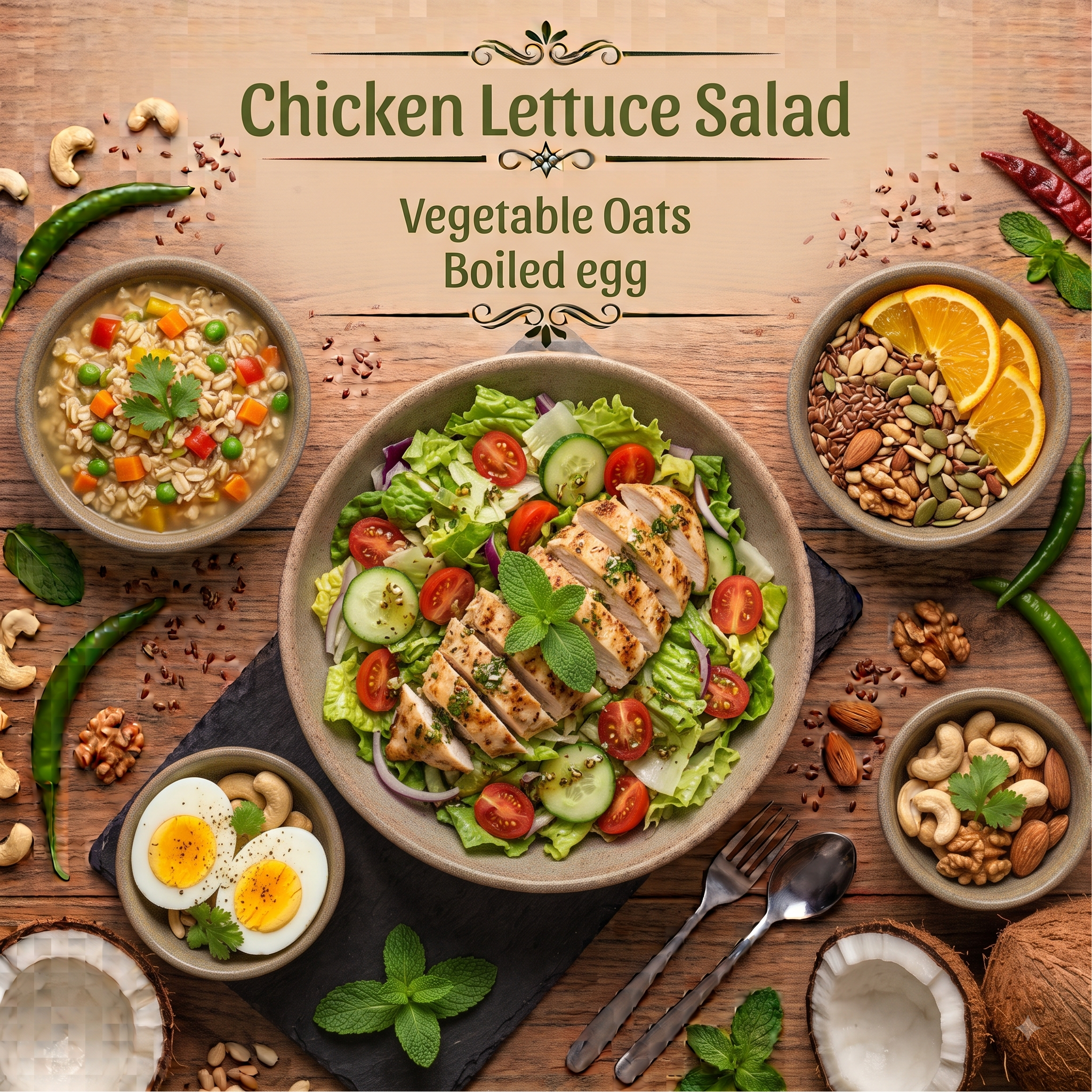 Chicken Lettuce Salad , Vegetable Oats, Boiled egg