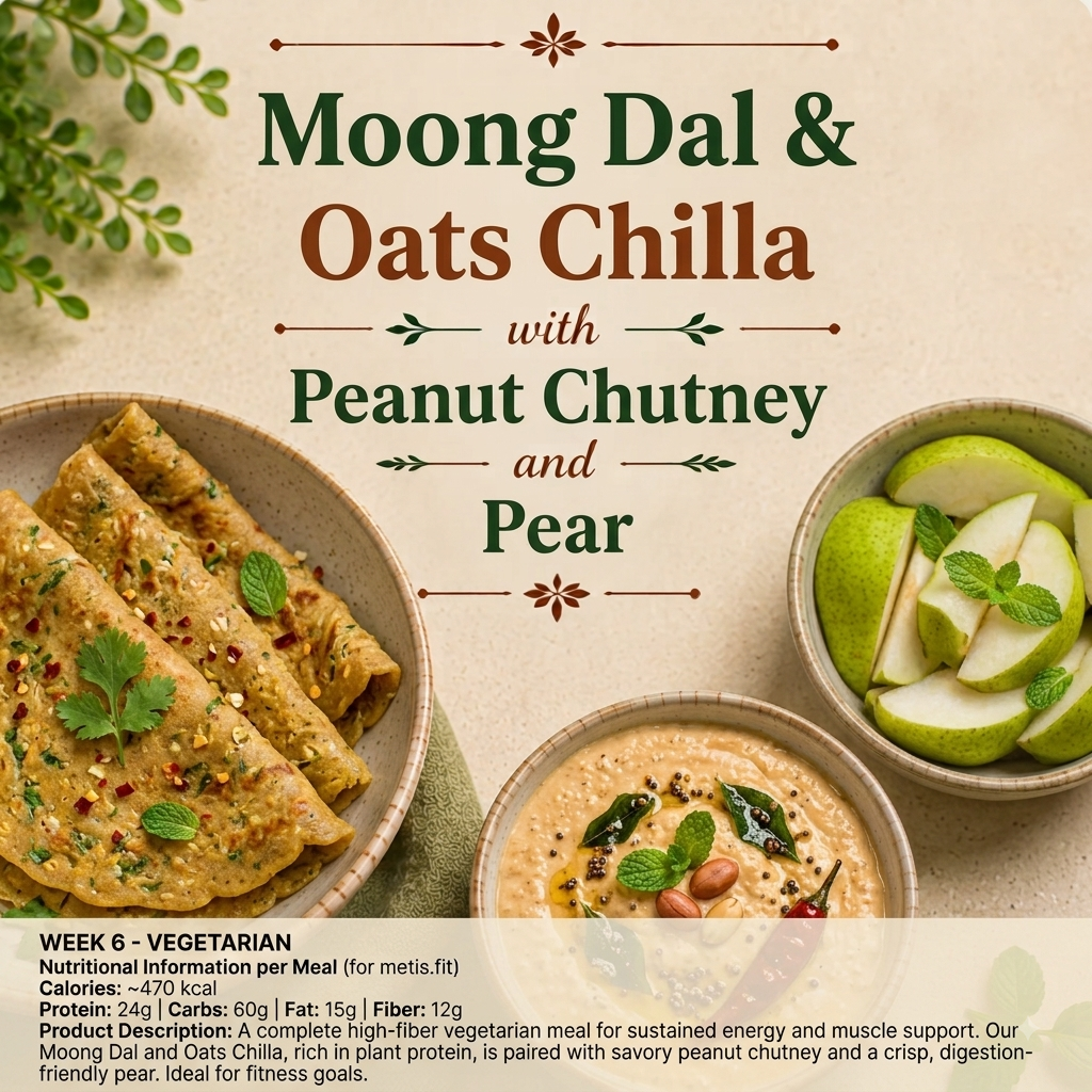 Moong Dal & Oats Chilla, Peanut Chutney, Pear