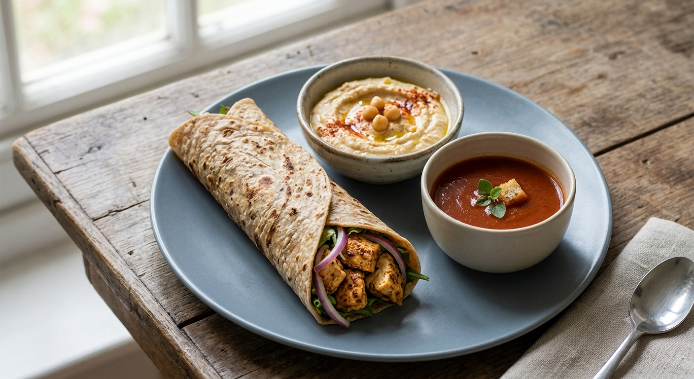 Chettinad chicken wrap, hummus, tomato soup