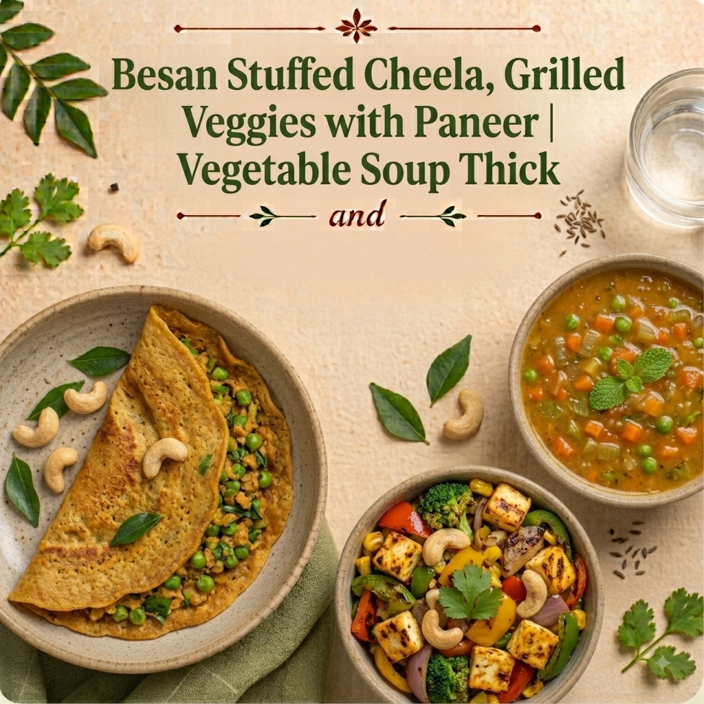 Besan stuffed Cheela Grilled Veggies with Paneer Vegetable soup thick