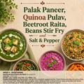 Palak Paneer, Quina pulav, Beetroot Raita, Beans Stir Fry, Carrot cut with added salt and pepper