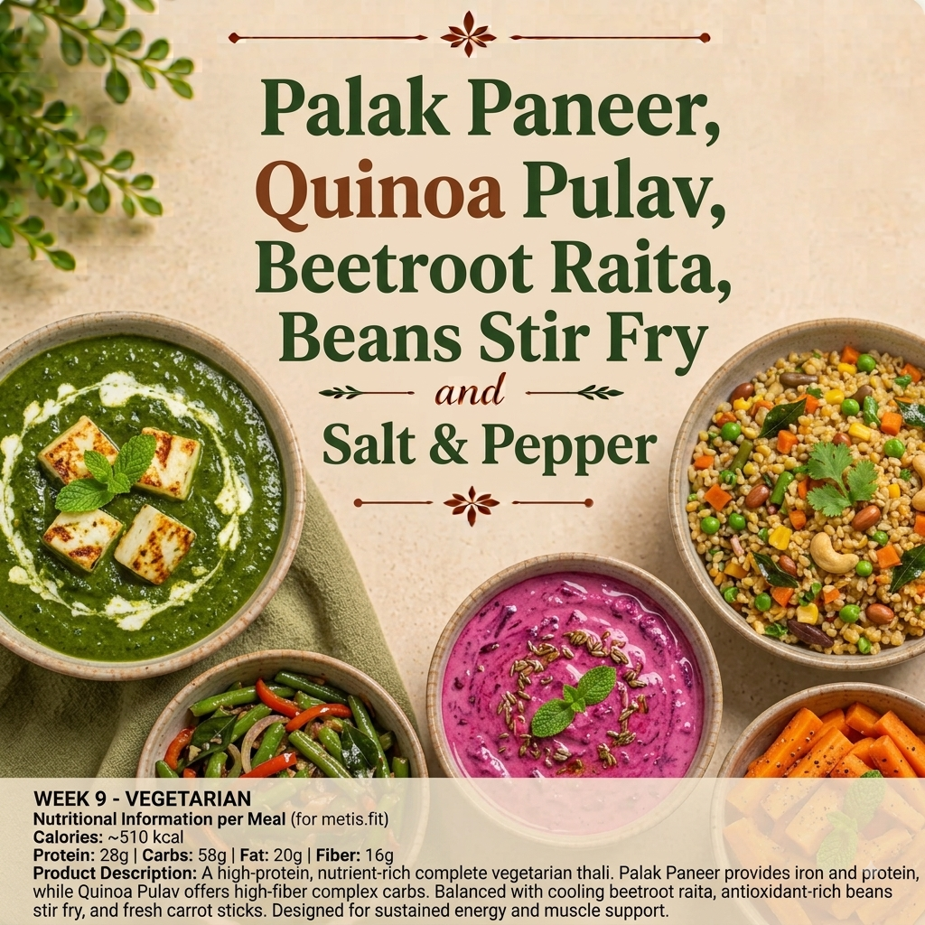 Palak Paneer, Quina pulav, Beetroot Raita, Beans Stir Fry, Carrot cut with added salt and pepper
