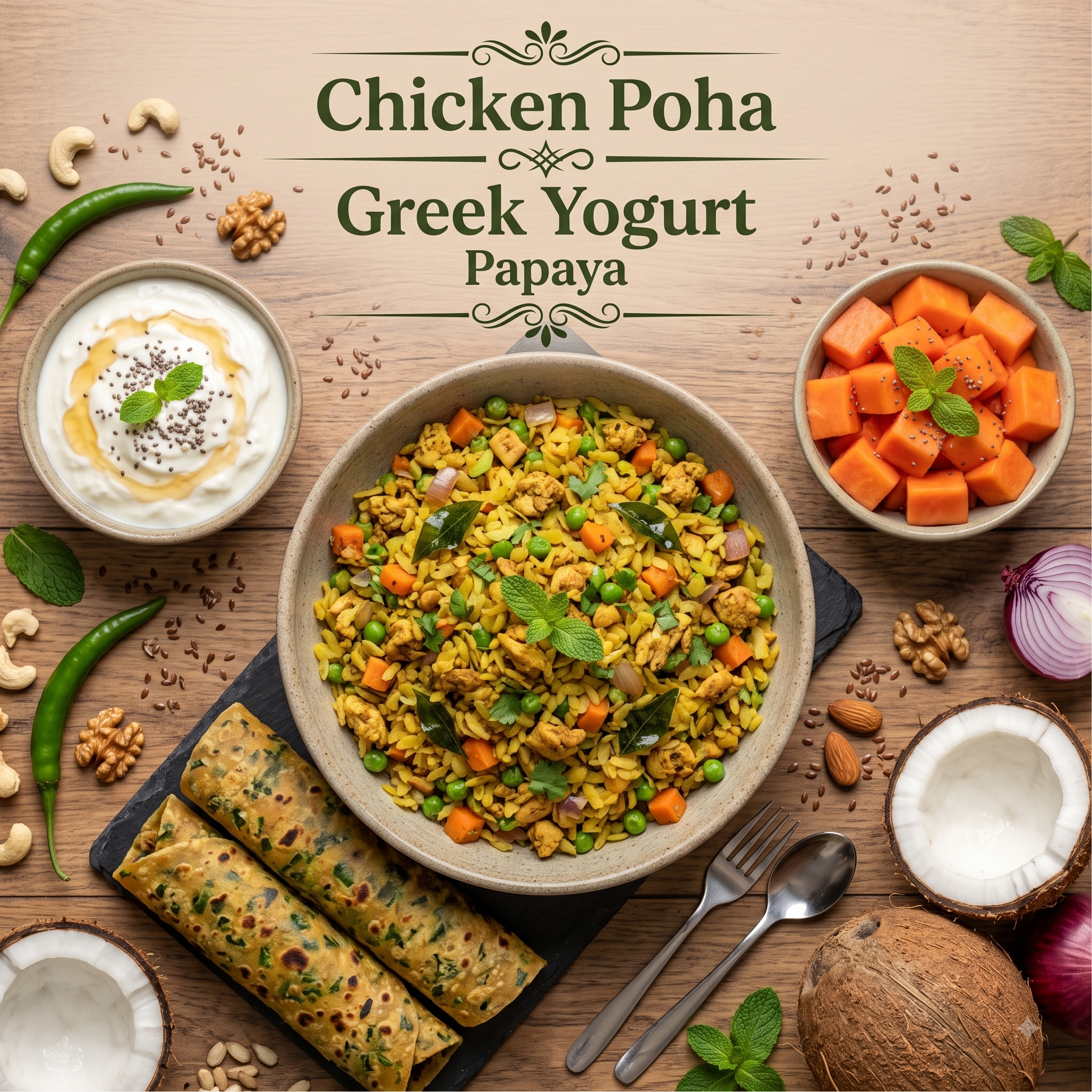Chicken Poha, Greek Yogurt, Papaya