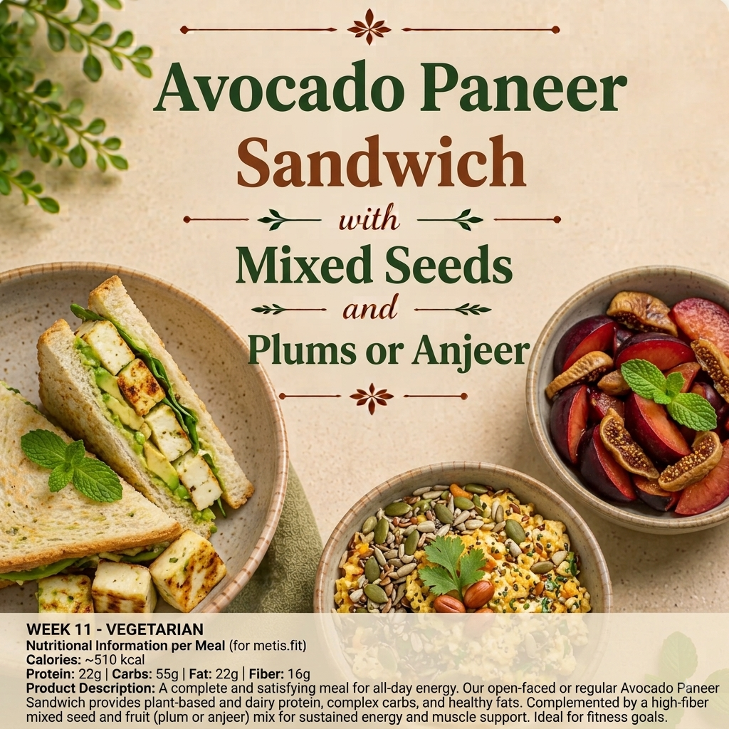 Avocado Paneer Sandwich, Mixed  Seeds, Plums or anjeer