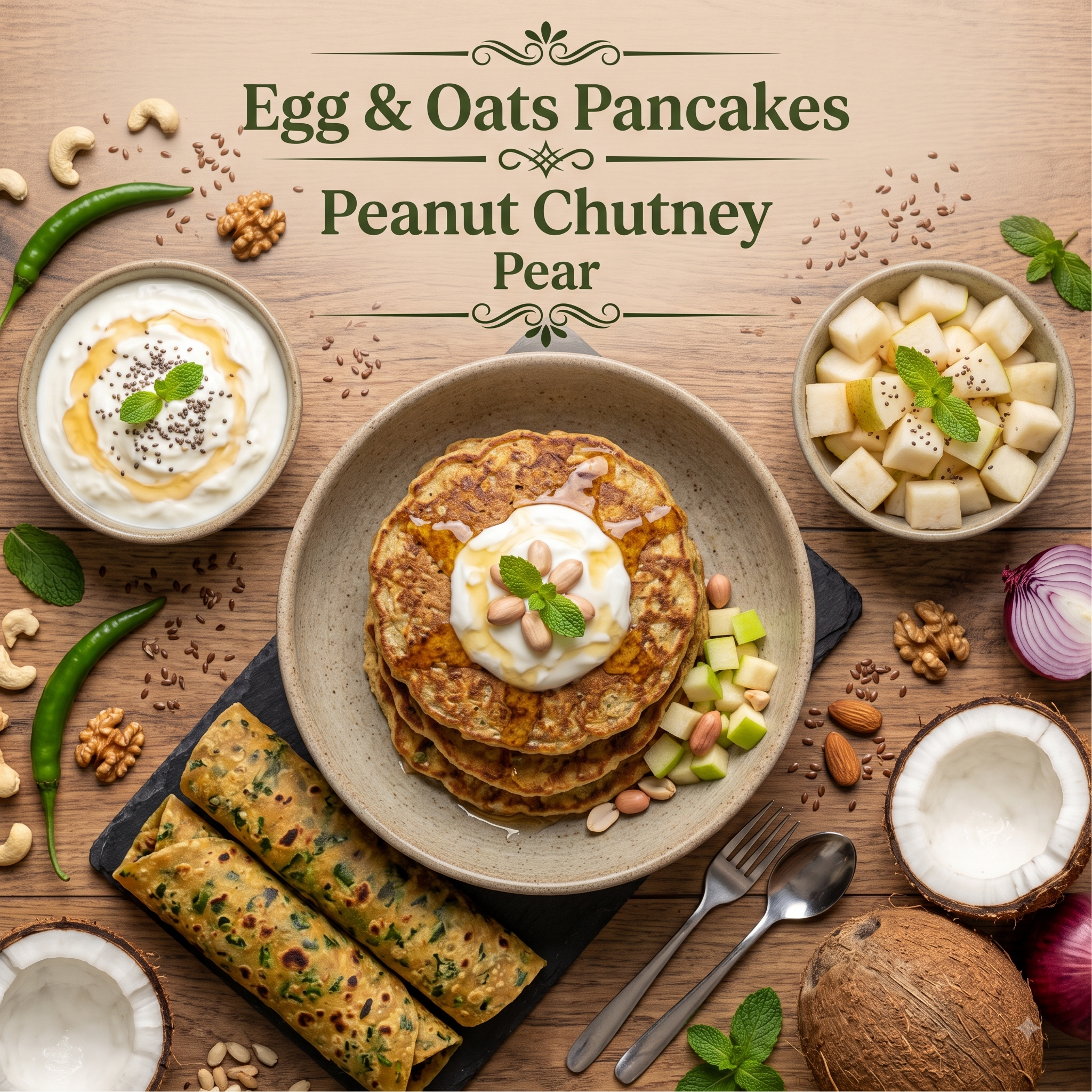Egg & Oats Pancakes, Peanut Chutney, Pear