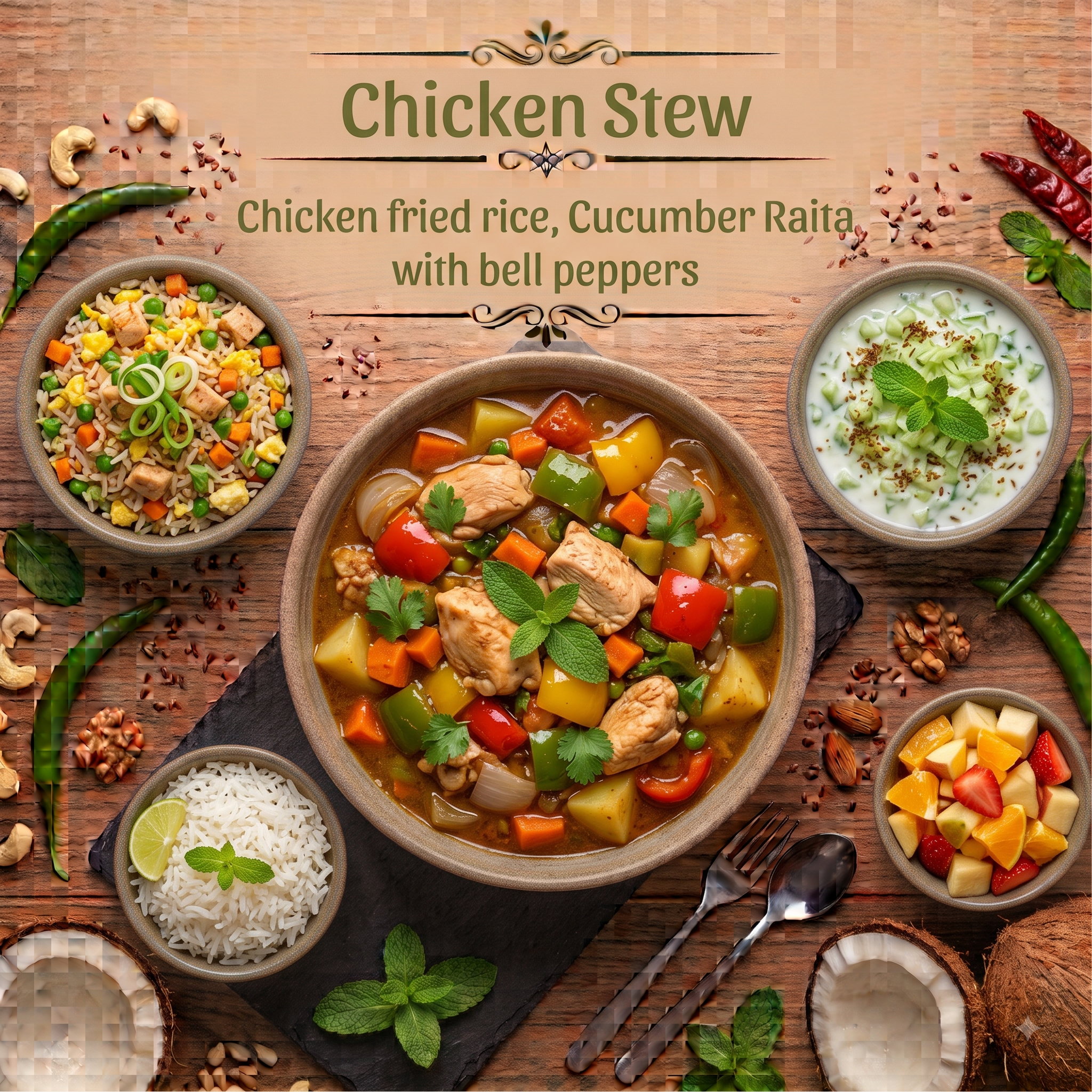 Chicken Stew  with bell peppers, Chicken fried rice, Cucumber Raita
