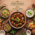 Chilli Chicken, Methi paratha, Salad