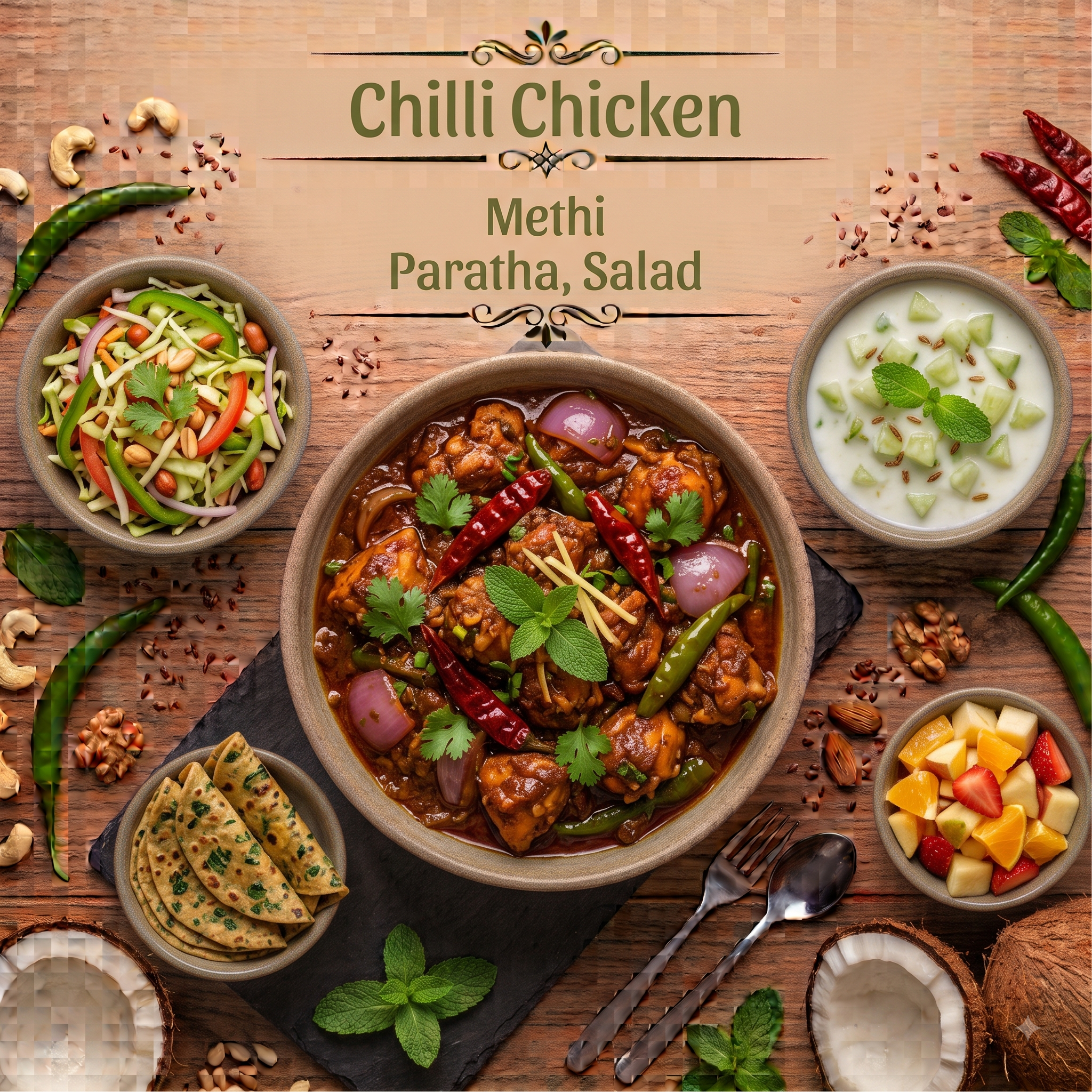 Chilli Chicken, Methi paratha, Salad