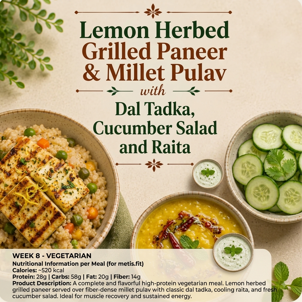 Lemon Herbed Grilled Paneer, Millet pulav, Dal Tadka, Cucumber Salad, Raita