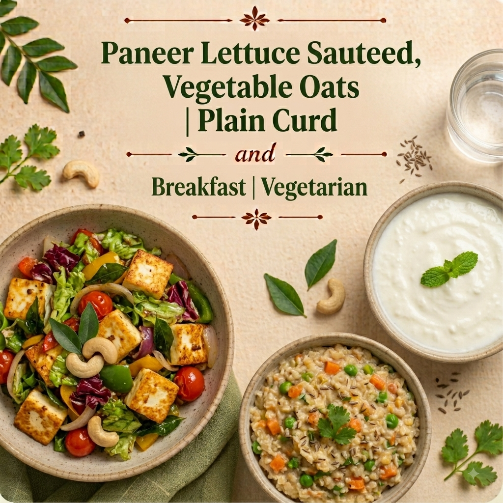 Paneer Lettuce Sauteed, Vegetable Oats, Plain Curd