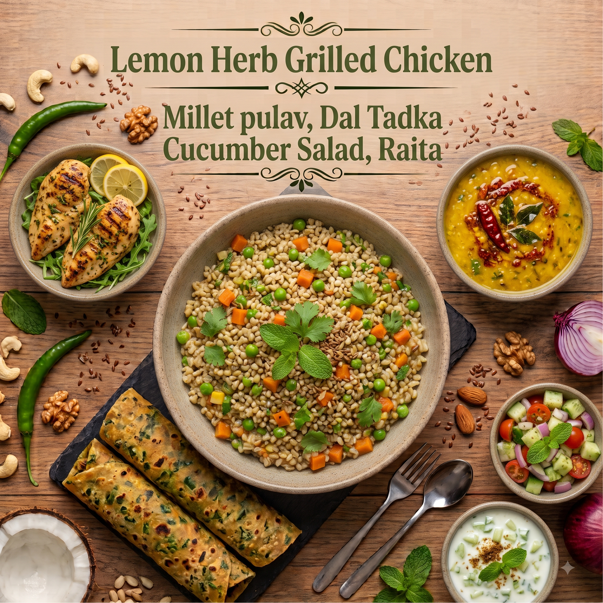 Lemon Herb Grilled Chicken, Millet pulav, Dal Tadka, Cucumber Salad, Raita