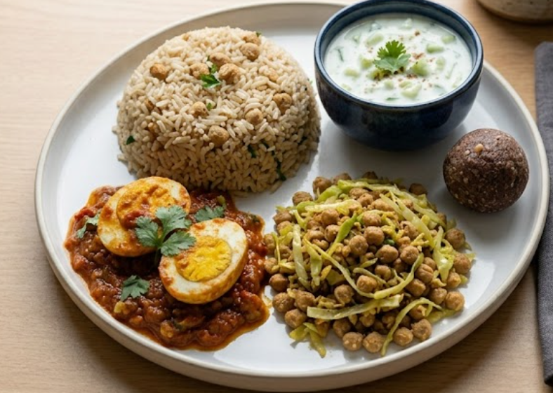 Soya Brown rice, Boiled egg gravy curry, soya granules & cabbage stir fry, cucumber raita, Ragi ladoo