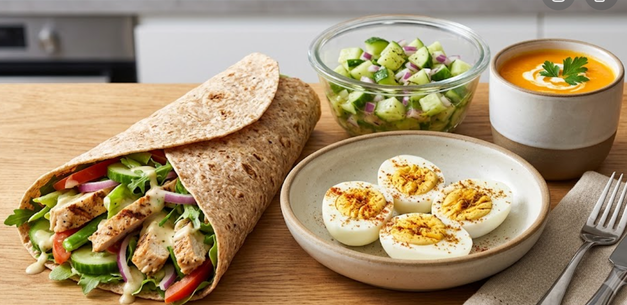 Multigrain n roti wrap, stuffed masal boiled egg- cucumber salad- carrot soup