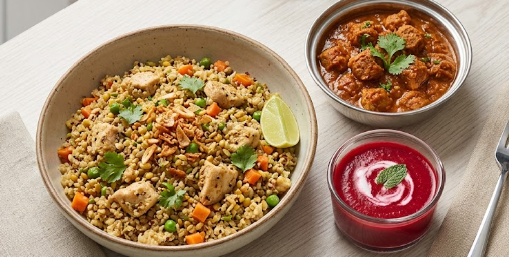Garlic chicken quinoa khichdi Soya curry Beetroot soup 