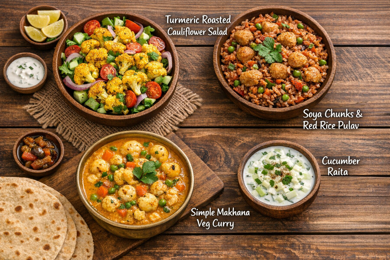 Turmeric Roasted Cauliflower Salad, Soya chunks and Red Rice Pulav, Si ...