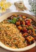 Brown rice with Andhra Chilli Paneer, Veg Gravy, Tzatziki dip and Mediterranean Salad