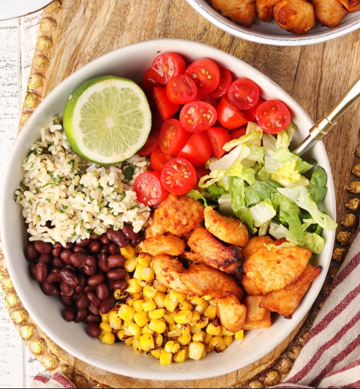 Chicken Burrito Bowl with  Mint Curd and Lobia Chaat