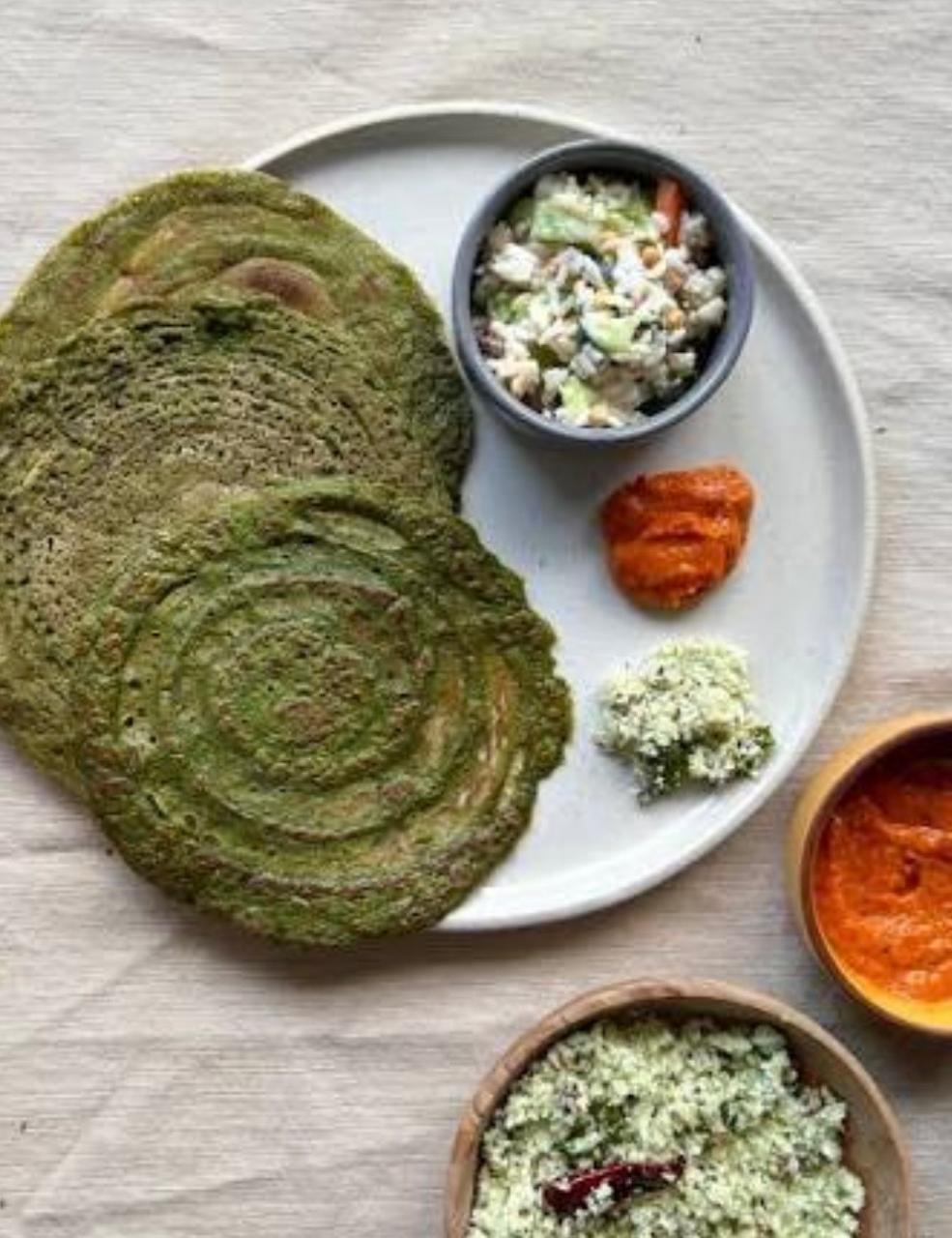 Egg Moong cheela with Fresh coconut chutney and Chana Salad