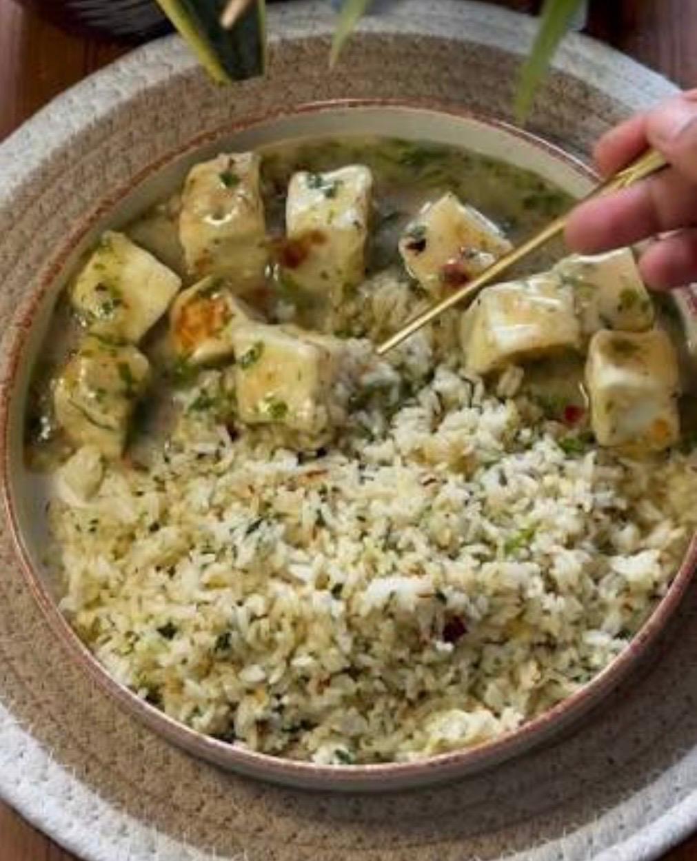 Lemon Herb Rice with Chole Paneer Masala and Cucumber Raita