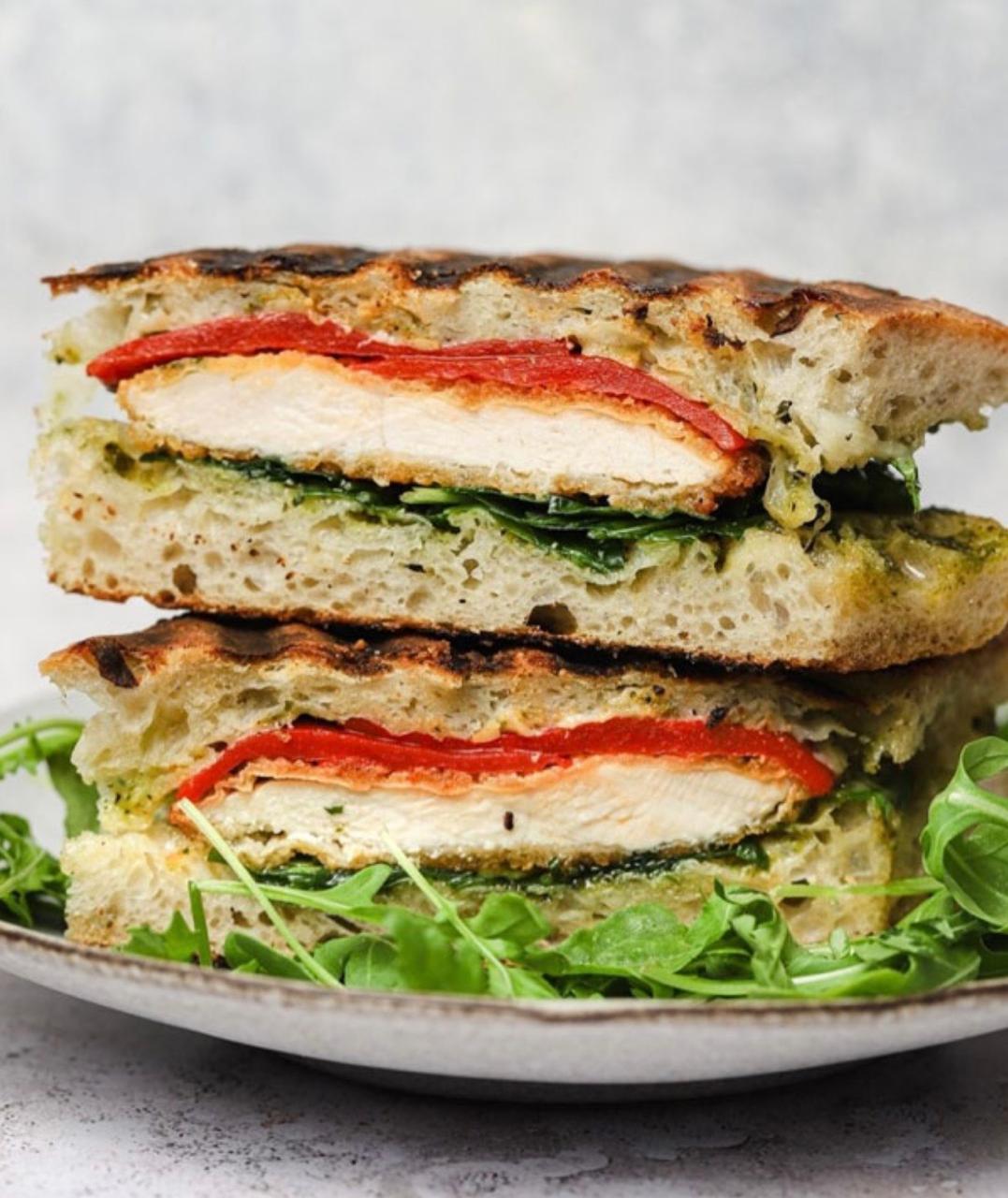 Grilled Chicken Pesto Sandwich, Fruit, Mixed Seeds and Sesame Dip