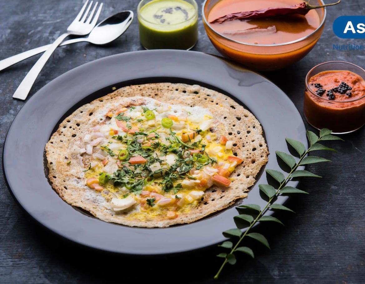 Ragi Egg Dosa with Scrambled eggs with Bengal Gram Chutney-Orange