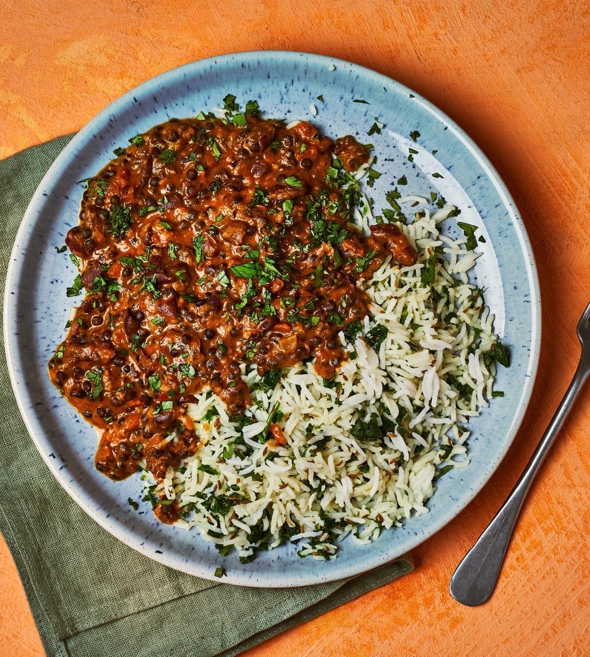 Chicken Kurma with Jasmine Rice, Dal makhani, cucumber sesame salad, yogurt dip