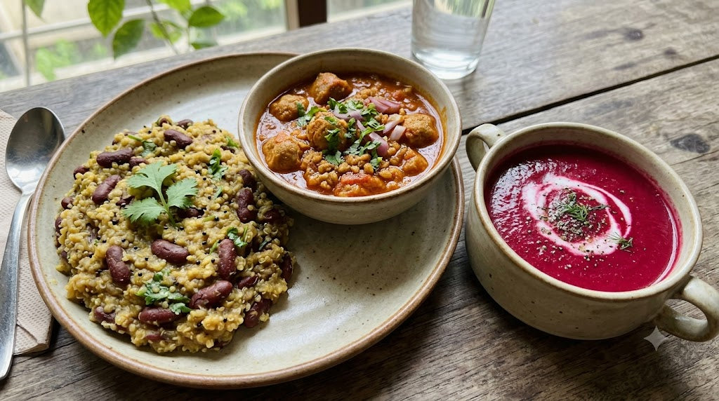 Rajma quinoa khichdi, soya curry, beetroot soup