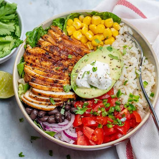 Healthy burrito bowl, raita, bottle gourd soup