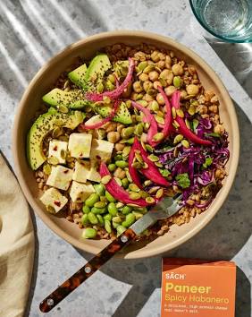 Edamame, paneer, hummus, veg soup