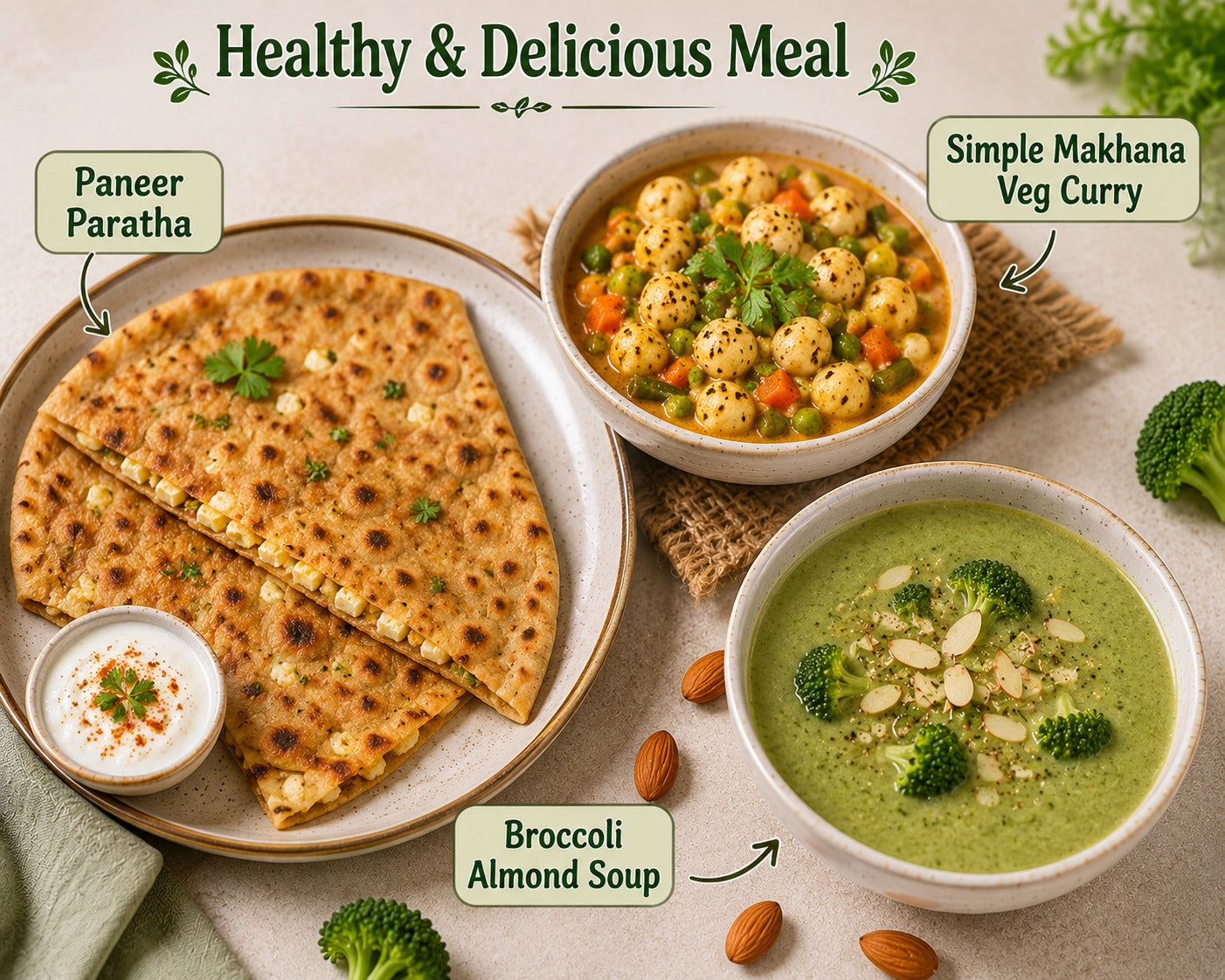 Paneer Paratha, Simple Makhana Veg Curry & Broccoli Almond Soup