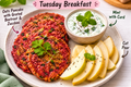Oats Pancake with Grated Beetroot & Zucchini, Mint Curd & Fresh Pear Slices