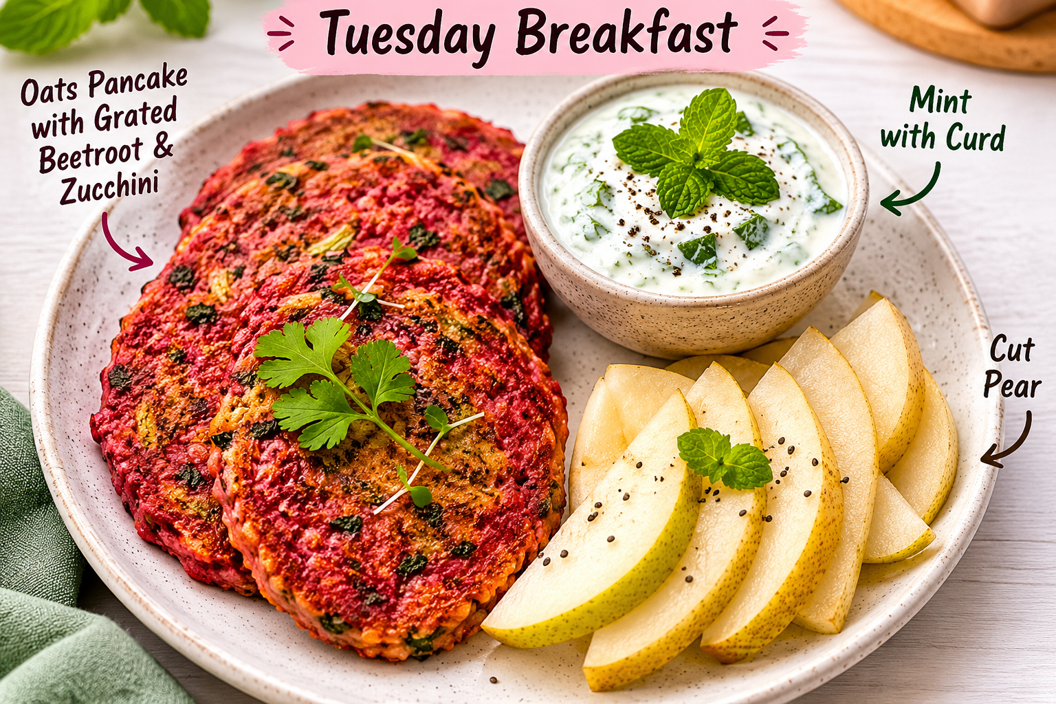 Oats Pancake with Grated Beetroot & Zucchini, Mint Curd & Fresh Pear Slices